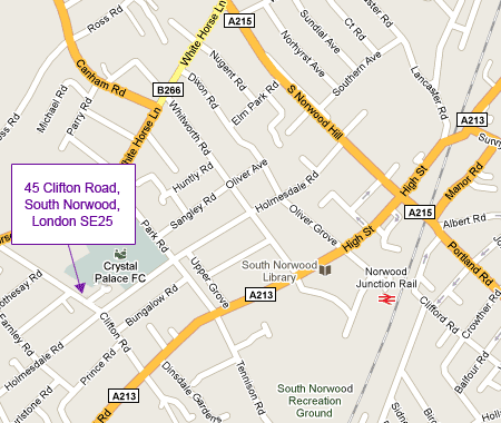 map showing The Garden Clinic - 45 Clifton Road, South Norwood London SE25